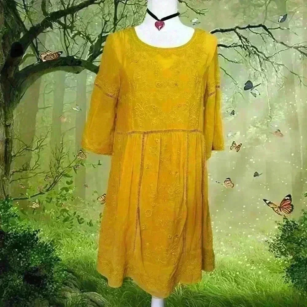 Anthropologie Akemi + Kin Mustard Yellow/Gold Embroidered Dress Size Xs